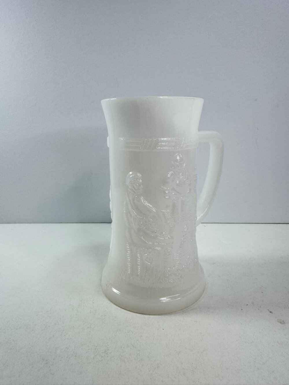 Vintage Federal White Milk Glass Beer Stein Mug Tavern Scene 6" tall